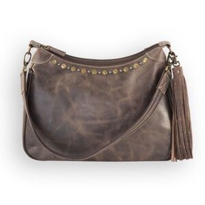Vintage Brown Leather Shoulder Bag with Stud Accents